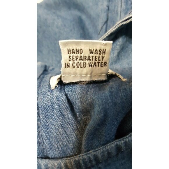 Vintage 80s Denim Chambray Dress L Beaded Vest Faded Tie Back Maxi Cottage Core - Picture 8 of 9